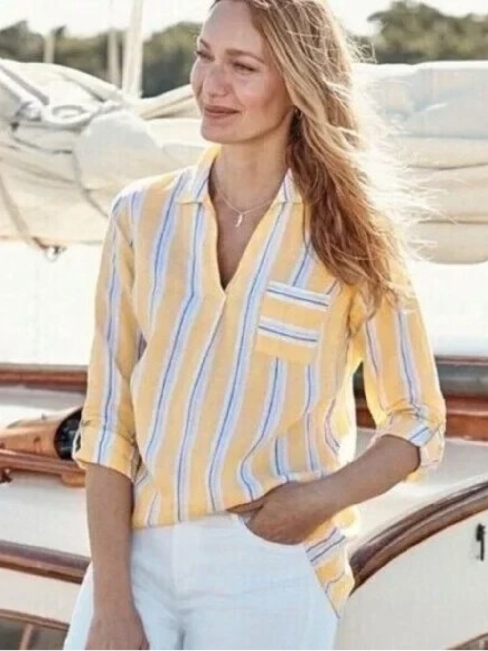 J. Jill Love Linen Yellow & Blue Striped 100% Linen Top